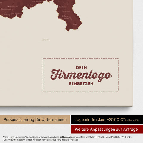 Schweiz-Karte als Pinn-Leinwand in Bordeaux Rot mit Eindruck eines Firmenlogos