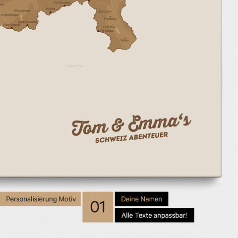 Schweiz-Karte als Pinnwand Leinwand in Bronze mit Personalisierung und Eindruck mit deinem Namen
