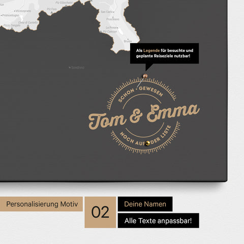 Pinnwand Leinwand einer Schweizkarte in Farbe Dunkelgrau mit personalisiertem Eindruck von Namen und einer Legende zum Markieren