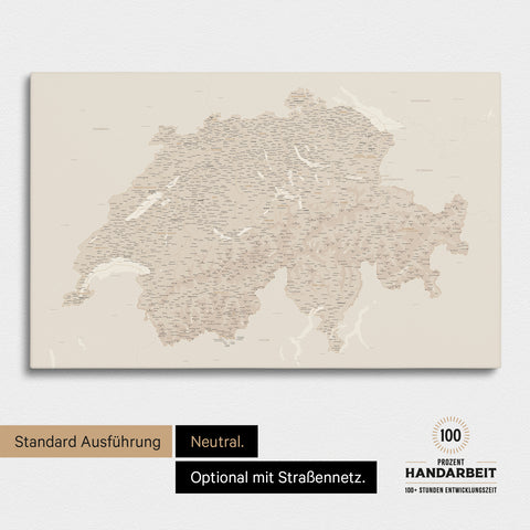 Neutrale und schlichte Standard-Ausführung einer Schweiz-Karte als Pinn-Leinwand in Treasure Gold