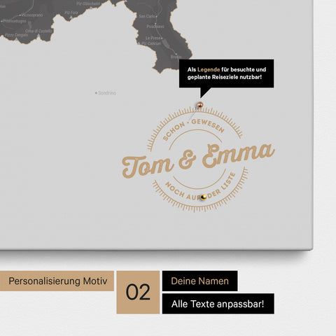 Pinnwand Leinwand einer Schweizkarte in Farbe Dunkelgrau mit personalisiertem Eindruck von Namen und einer Legende zum Markieren