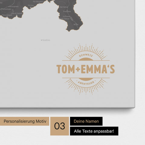 Schweiz-Karte als Pinn-Leinwand in Dunkelgrau mit eingedruckten Namen als Logo in Form einer Sonne