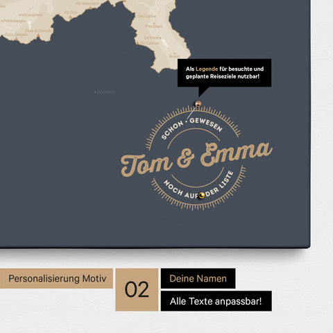 Pinnwand Leinwand einer Schweizkarte in Farbe Hale Navy (Dunkelblau-Gold) mit personalisiertem Eindruck von Namen und einer Legende zum Markieren