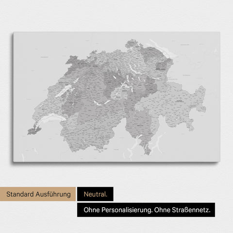 Neutrale und schlichte Standard-Ausführung einer Schweiz-Karte als Pinn-Leinwand in Multicolor Grau