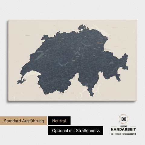 Neutrale und schlichte Standard-Ausführung einer Schweiz-Karte als Pinn-Leinwand in Treasure Navy Light