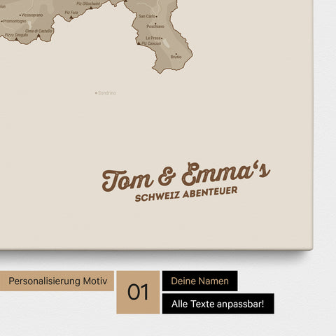 Schweiz-Karte als Pinnwand Leinwand in Desert Sand (Beige) mit Personalisierung und Eindruck mit deinem Namen