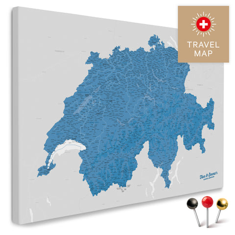 Schweiz-Landkarte in Blau als Pinnwand Leinwand zum Pinnen und Markieren von Reisezielen kaufen