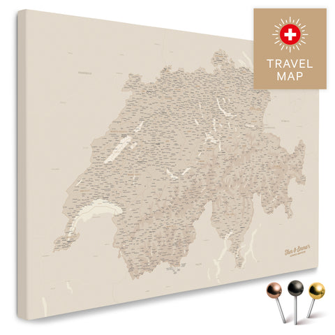 Schweiz-Landkarte in Gold als Pinnwand Leinwand zum Pinnen und Markieren von Reisezielen kaufen