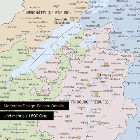 Ausschnitte einer politischen Schweizkarte in der Region Freiburg und Thunersee in Multicolor Atlas mit 1.400 Orten