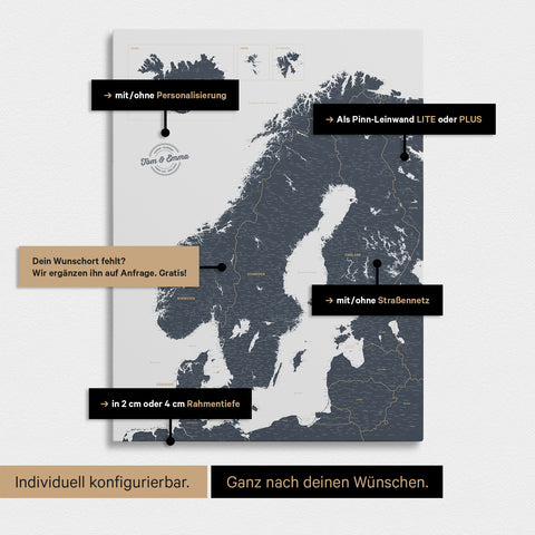 Konfigurationsmöglichkeiten einer Skandinavien-Landkarte als Pinn-Leinwand in Denim Blue