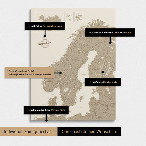 Konfigurationsmöglichkeiten einer Skandinavien-Landkarte als Pinn-Leinwand in Desert Sand (Beige)
