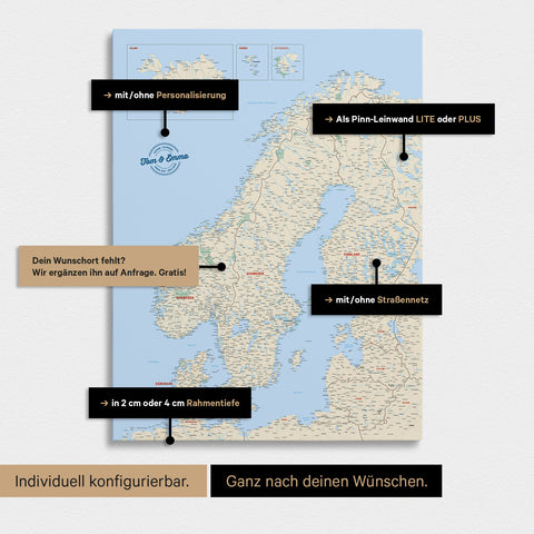 Konfigurationsmöglichkeiten einer Skandinavien-Landkarte als Pinn-Leinwand in Multicolor Classic