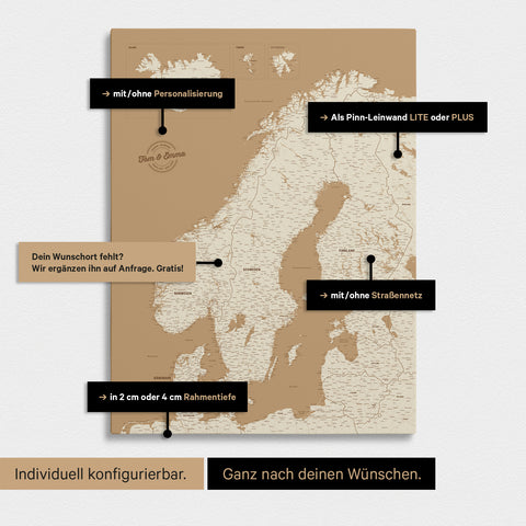 Konfigurationsmöglichkeiten einer Skandinavien-Landkarte als Pinn-Leinwand in Treasure Gold