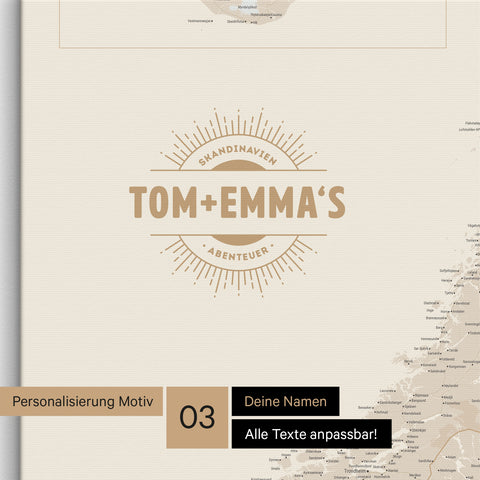 Skandinavien-Karte als Pinn-Leinwand in Gold mit eingedruckten Namen als Logo in Form einer Sonne