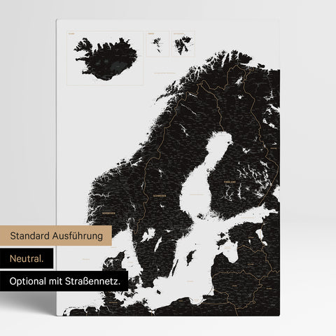 Neutrale und schlichte Standard-Ausführung einer Skandinavien-Karte als Pinn-Leinwand in Light Black mit oder ohne Straßennetz