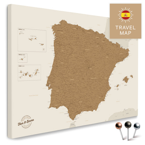 Spanien- & Portugal-Landkarte in der Farbe Bronze in einem modernen, minimalistischem Design als Leinwand zum Pinnen von Reisen und Orten