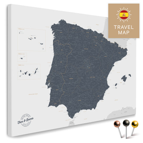 Spanien- & Portugal-Landkarte in der Farbe Denim Blue in einem modernen, minimalistischem Design als Leinwand zum Pinnen von Reisen und Orten