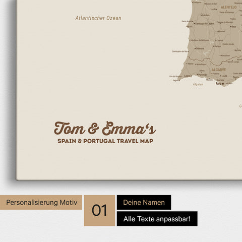 Landkarte von Spanien- & Portugal als Pinnwand Leinwand in Desert Sand mit Personalisierung und Namen in einer modernen Schreibschrift