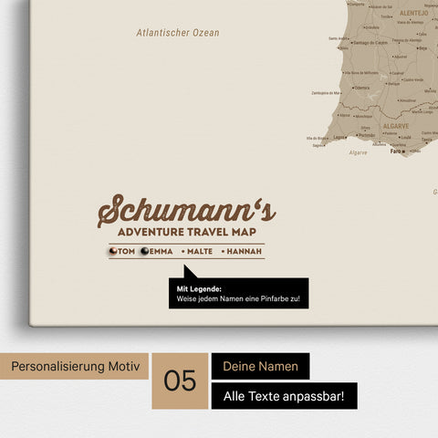 Spanien- & Portugal-Karte als Leinwand in Desert Sand mit Personalisierung als Logo mit Familiennamen und Legende für Orte, die man bereits besucht hat und noch besuchen möchte