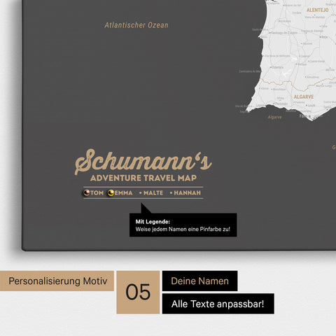Spanien- & Portugal-Karte als Leinwand in Dunkelgrau mit Personalisierung als Logo mit Familiennamen und Legende für Orte, die man bereits besucht hat und noch besuchen möchte