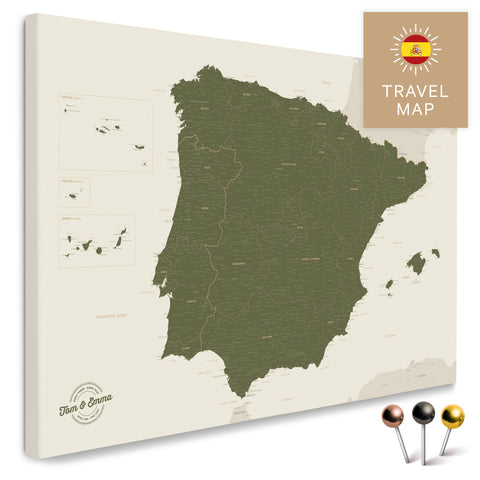 Spanien- & Portugal-Landkarte in der Farbe Oliv-Grün in einem modernen, minimalistischem Design als Leinwand zum Pinnen von Reisen und Orten