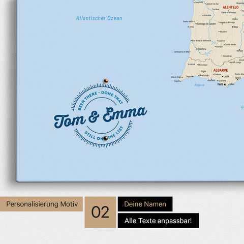 Spanien- & Portugal-Karte Pinn-Leinwand in Multicolor Classic mit Personalisierung als rundes Logo, das eine Legende für bereits besuchte Reiseziele im Rundtext beinhaltet