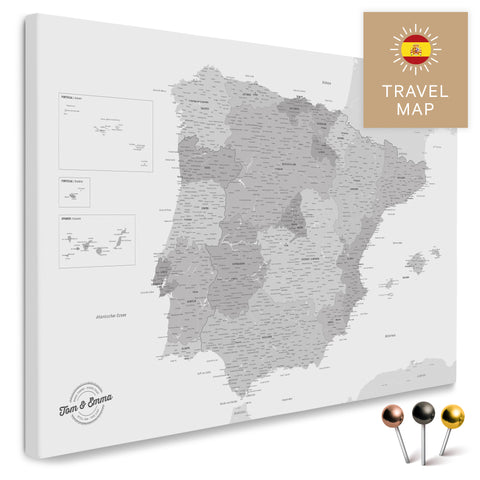 Spanien- & Portugal-Landkarte in der Farbe Multicolor Grau in einem modernen, minimalistischem Design als Leinwand zum Pinnen von Reisen und Orten