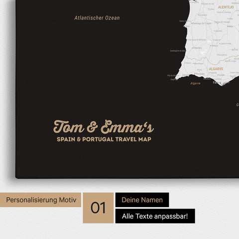 Landkarte von Spanien- & Portugal als Pinnwand Leinwand in Schwarz-Weiß mit Personalisierung und Namen in einer modernen Schreibschrift
