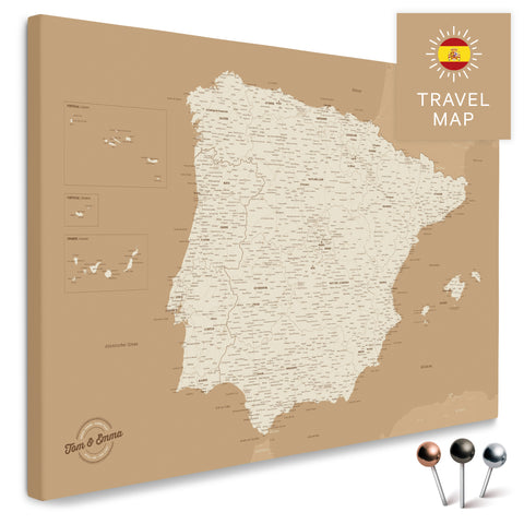 Spanien- & Portugal-Landkarte in der Farbe Treasure Gold in einem modernen, minimalistischem Design als Leinwand zum Pinnen von Reisen und Orten