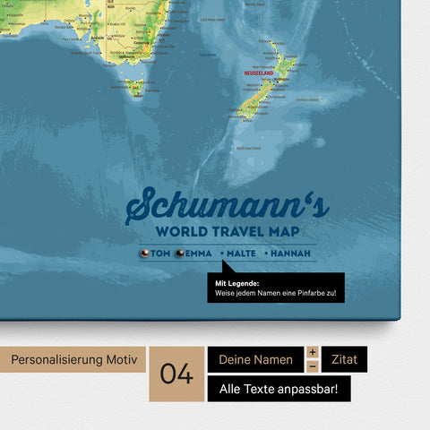 Pinnwand Leinwand einer topografischen Weltkarte in Multicolor Topo mit Personalisierung als Logo mit Familiennamen und Legende