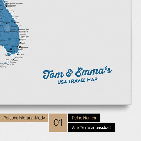 USA Amerika Karte mit hohem Detailgrad als Pinnwand Leinwand in Blau mit Personalisierung und Eindruck mit deinem Namen