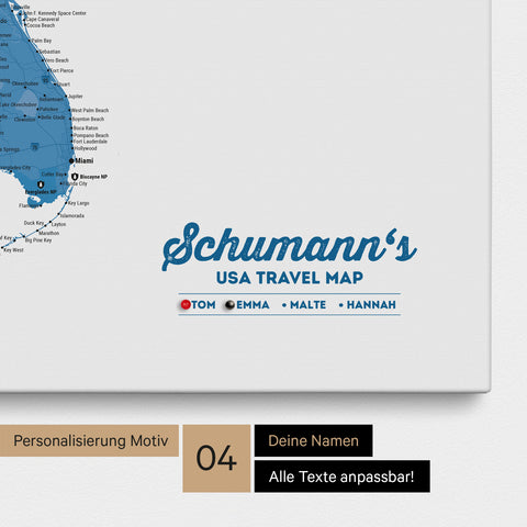 Detaillierte USA Amerika Karte als Pinn-Leinwand in Blau mit Personalisierung als Logo für die gesamte Familie