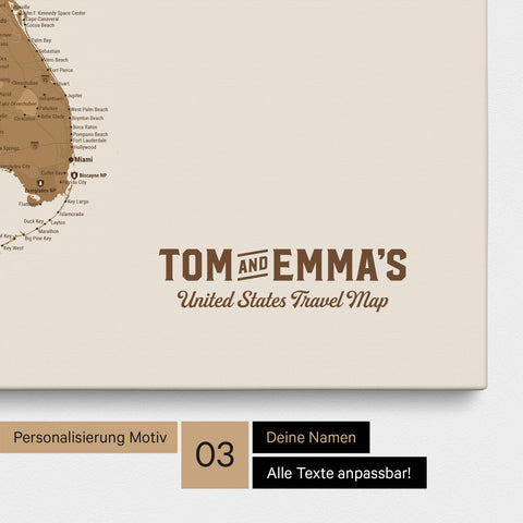 Pinnwand Leinwand einer USA Amerika Karte in Bronze mit eingedrucktem Logo „United States"