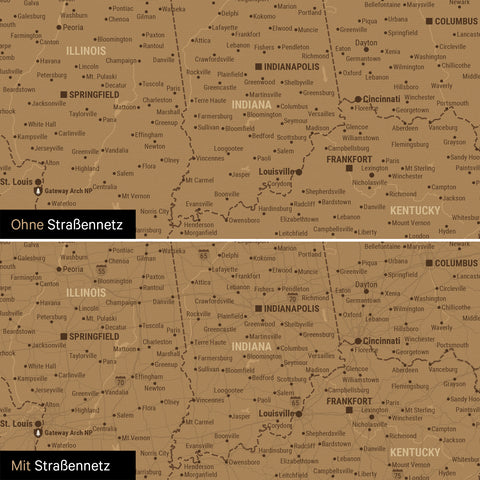 USA Amerika Karte Pinn-Leinwand in Bronze optional mit dem Straßennetz der größten Highways und Interstates