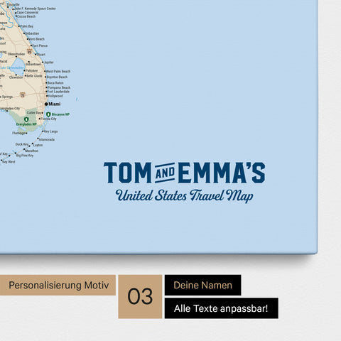 Pinnwand Leinwand einer USA Amerika Karte in Mulitcolor Classic mit eingedrucktem Logo „United States"