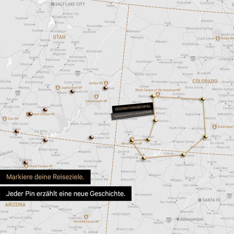 Detailed USA America map as a pin board in dark gray showing pins at travel destinations in Utah and Colorado