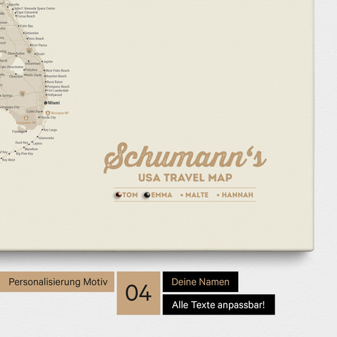 Detaillierte USA Amerika Karte als Pinn-Leinwand in Gold mit Personalisierung als Logo für die gesamte Familie