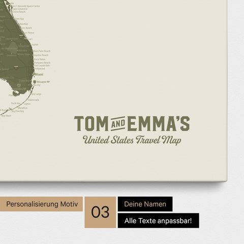 Pinnwand Leinwand einer USA Amerika Karte in Olive Green mit eingedrucktem Logo „United States"