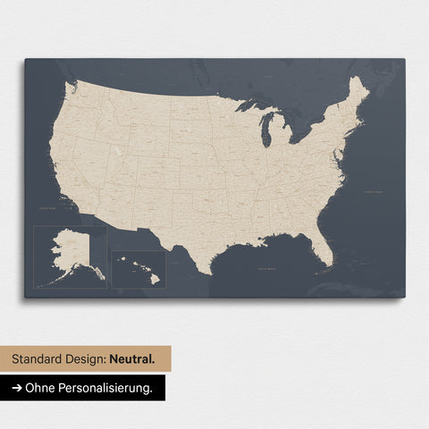 Neutrale und schlichte Ausführung einer USA Amerika Karte als Pinn-Leinwand in Hale Navy (Dunkelblau Gold)