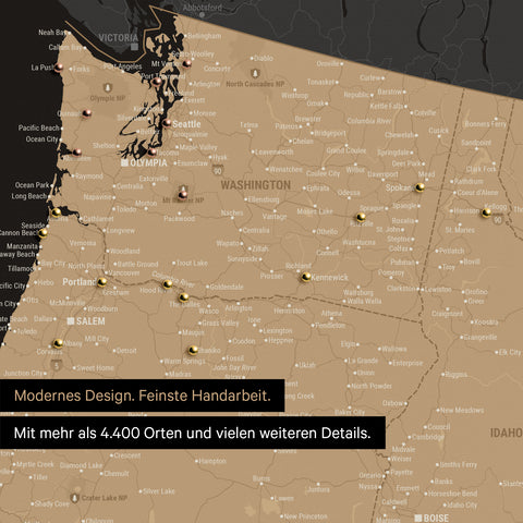 Ausschnitt einer USA Amerika Karte als Pinn-Leinwand in Sonar Black zeigt Reiseziele und Highlights in Washington, Oregon und Idaho