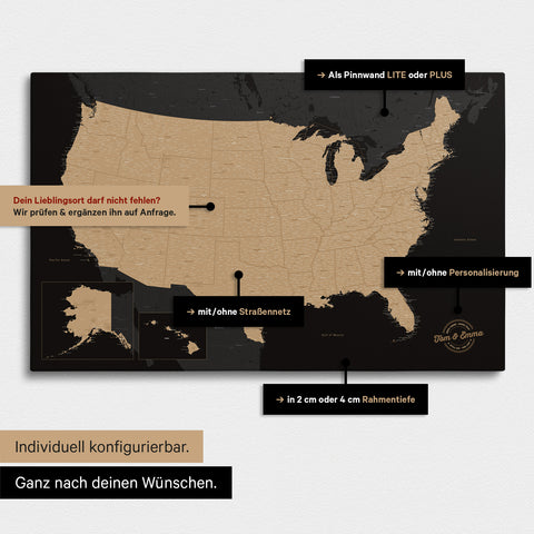 Vielfältige Konfigurationsmöglichkeiten einer USA Amerika Landkarte als Pinn-Leinwand in Farbe Sonar Black