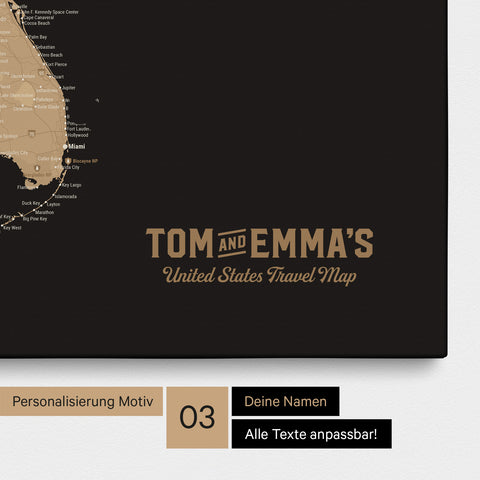 Pinnwand Leinwand einer USA Amerika Karte in Sonar Black mit eingedrucktem Logo „United States"