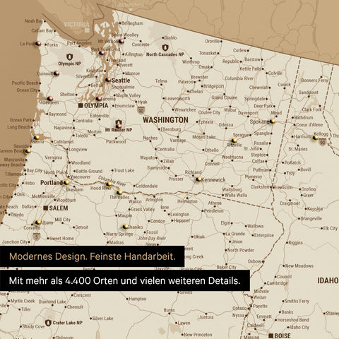 Ausschnitt einer USA Amerika Karte als Pinn-Leinwand in Treasure Gold zeigt Reiseziele und Highlights in Washington, Oregon und Idaho