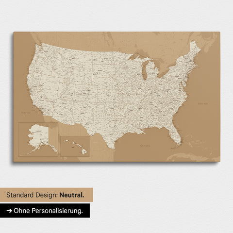 Neutrale und schlichte Ausführung einer USA Amerika Karte als Pinn-Leinwand in Treasure Gold