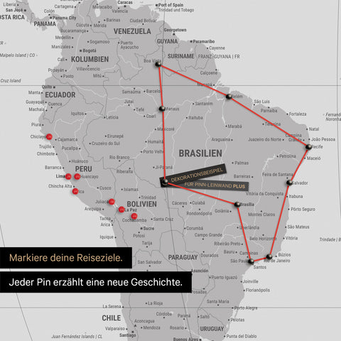 Detail of a world map in the Equal Earth projection as a Push Pin Map in Coolgray, showing a pinned travel route through the South American countries of Brazil, Peru, and Ecuador