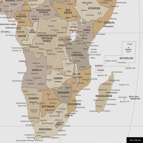 Weltkarte in der Equal-Earth-Projektion, Farbe Multicolor Beige, zeigt einen Ausschnitt von Afrika in seinen korrekten Größenverhältnissen und Proportionen