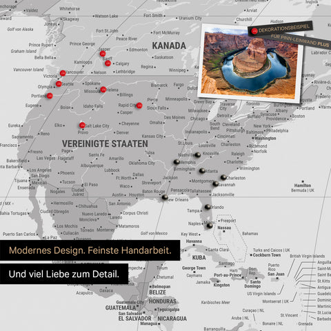 Weltkarte in der Equal-Earth-Projektion als Pinnwand in der Farbe Multicolor Gray, auf der Reiseziele in den USA und Kanada mit Pins markiert sind