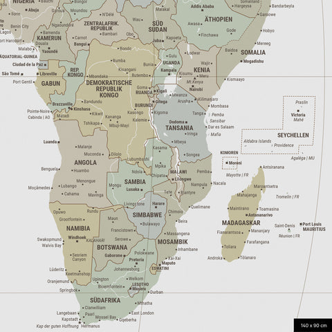 Weltkarte in der Equal-Earth-Projektion, Farbe Multicolor Sage, zeigt einen Ausschnitt von Afrika in seinen korrekten Größenverhältnissen und Proportionen