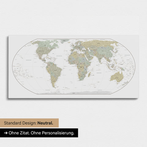 Neutrale und schlichte Ausführung einer Weltkarte in der Equal-Earth-Projektion als Pinn-Leinwand in Multicolor Sage ohne Personalisierung