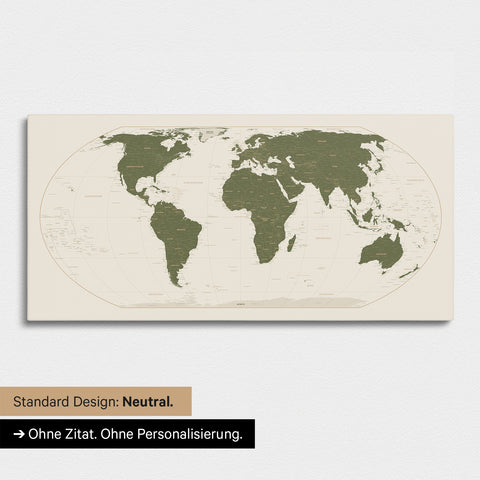 Neutrale und schlichte Ausführung einer Weltkarte in der Equal-Earth-Projektion als Pinn-Leinwand in Olive Green ohne Personalisierung